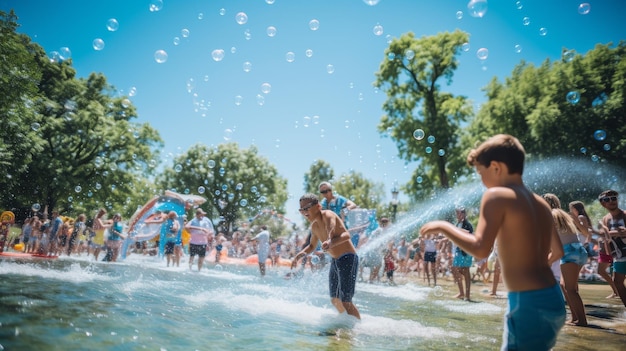 A lively group of children joyfully playing in a refreshing body of water under the sun