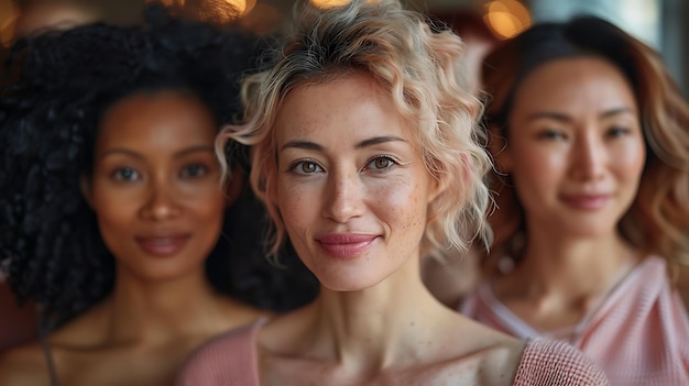 Photo lively group of japanese woman middleaged smiling chatting about skincare wearing pastel color