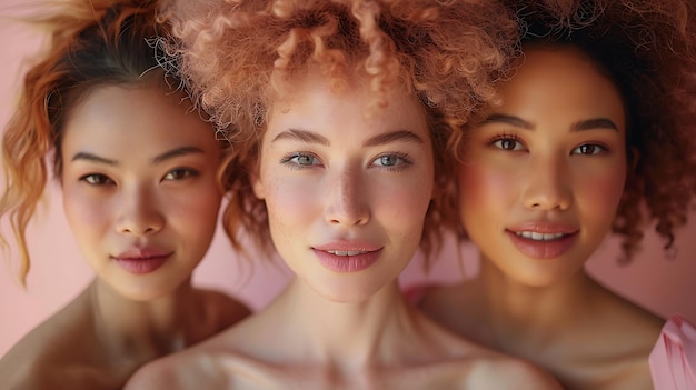 Photo lively group of japanese woman middleaged smiling chatting about skincare wearing pastel color