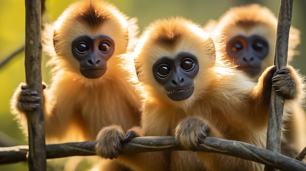 A lively group of monkeys perched atop a tree branch in playful camaraderie