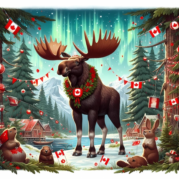 A lively illustration featuring a majestic moose standing proudly in a Canadian forest decorated for