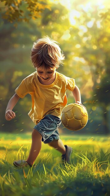 Photo lively innocent boy playing with a ball