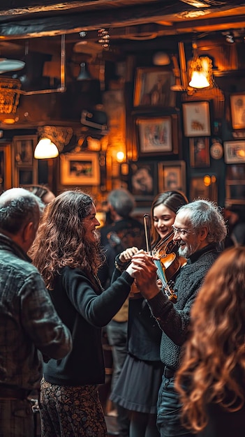 Photo a lively irish pub session featuring traditional music and dancing where people joyfully engage with each other creating warm and festive atmosphere