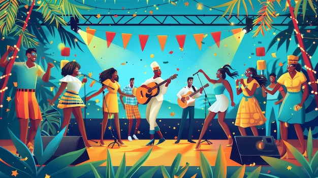 Lively Juneteenth vector scene featuring a stage with live music people dancing and a backdrop of Juneteenth banners and flags Generative AI