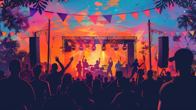 Lively Juneteenth vector scene featuring a stage with live music people dancing and a backdrop of Juneteenth banners and flags Generative AI