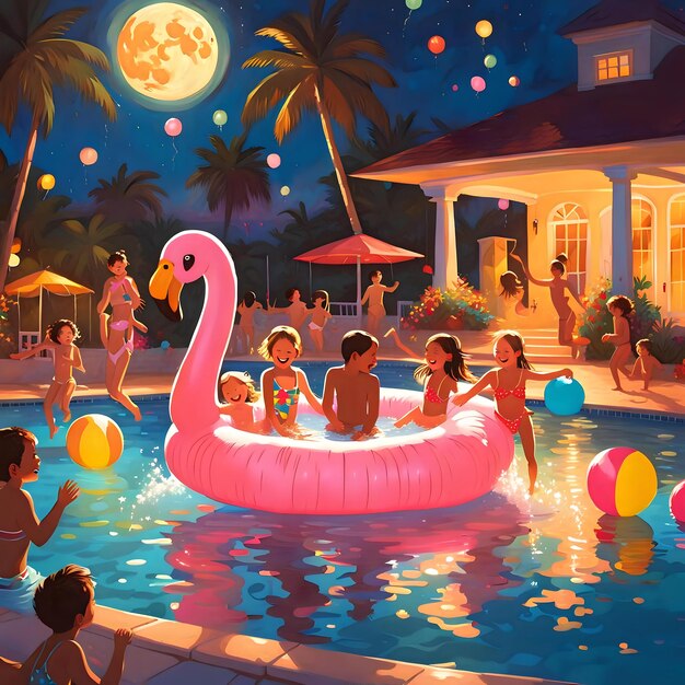 Photo lively kids nighttime pool gathering