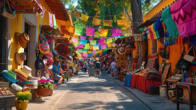 A lively Mexican street market filled with vibrant colors traditional crafts and local vendors