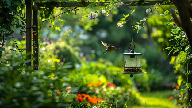 Lively Natural Garden Scene with Bird Feeder