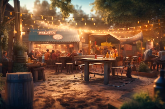 A lively outdoor beer garden with friends gathered around picnic tables sharing laughs and cold beverages under twinkling lights