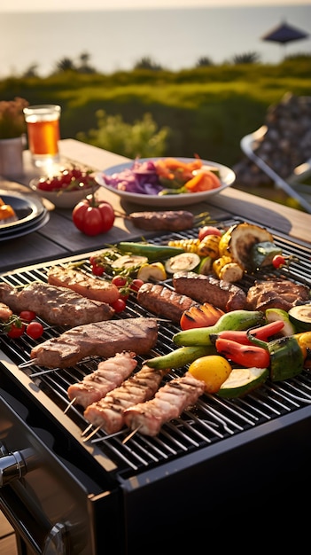 A Lively Outdoor BQ Barbecue Session with Variety of Grilled Delights