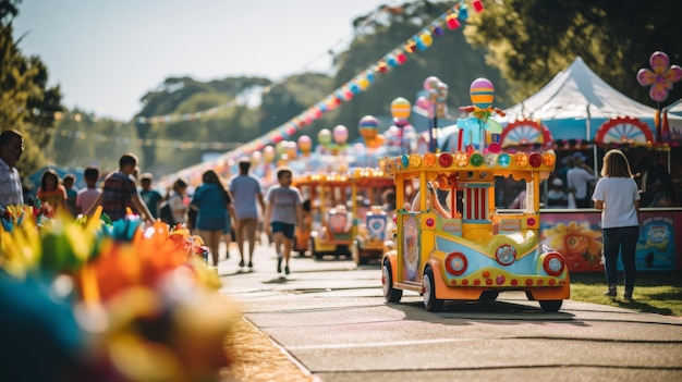 A lively parade with a vibrant colorful car driving down the street surrounded by cheering crowds