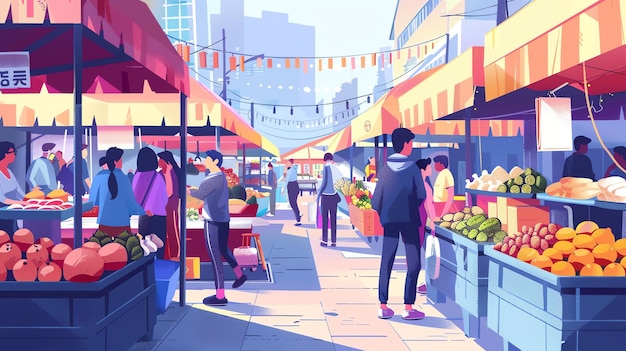 A lively street market scene with people shopping for fresh produce