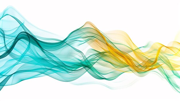 Lively turquoise and yellow spectrum waveforms blending dynamically isolated on a solid white background