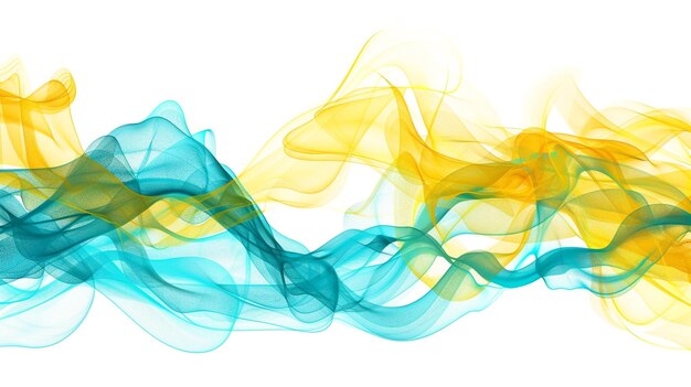 Lively turquoise and yellow spectrum waveforms blending dynamically isolated on a solid white background