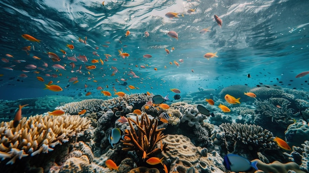 A lively underwater scene unfolds within the delicate ecosystem of a coral reef where a colorful array of tropical fish flits among vibrant coral formations beneath the water39s shimmering surface