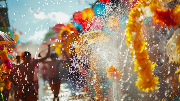 Lively Water Splashing Celebration Group of People Walking by Balloons