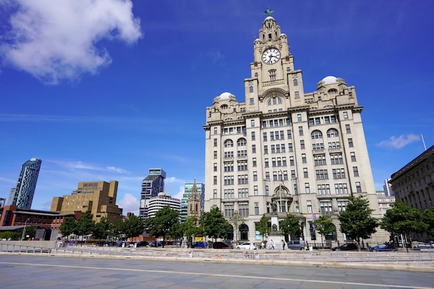 LIVERPOOL UK JULY 14 2022 Liverpool cityscape with Royal Liver Building England UK