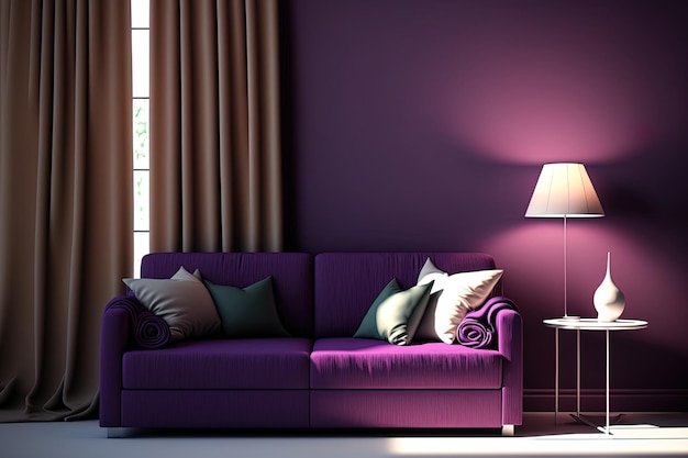 The living area has a purple wall with a light a brown sofa and a table