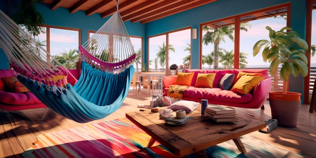 living area with a focus on comfort showcasing a hammock bean bags and a natural wood deck