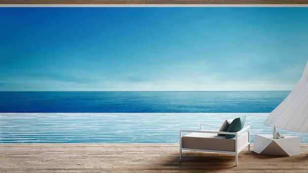 Living beach lounge - ocean villa on Sea view for vacation and summer / 3d render interior