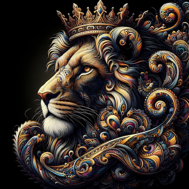 a living bust of a lion with crown in detailed paisley fractal high quality artwork