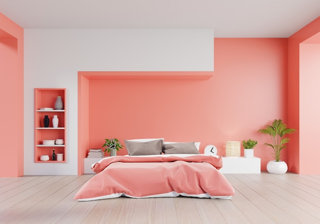 Living coral color bedroom of luxury house with double bed and shelves 