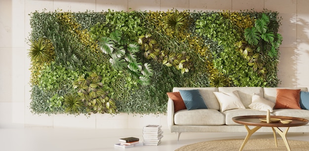 Photo living green wall in interior desing vertical garden interior 3d render