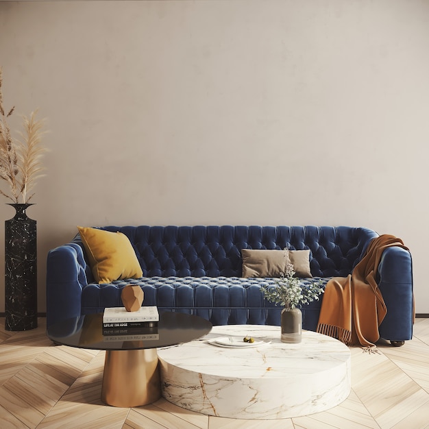 Living interior with blue sofa and empty wall 3d render