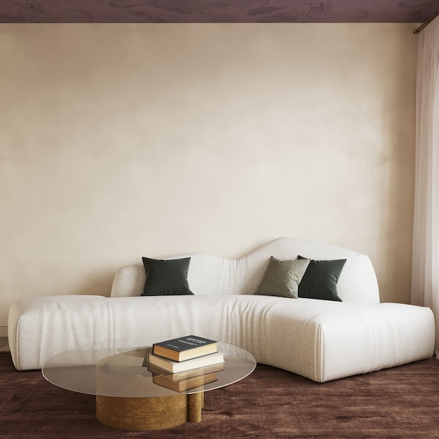 Living interior with white sofa and empty wall 3d render