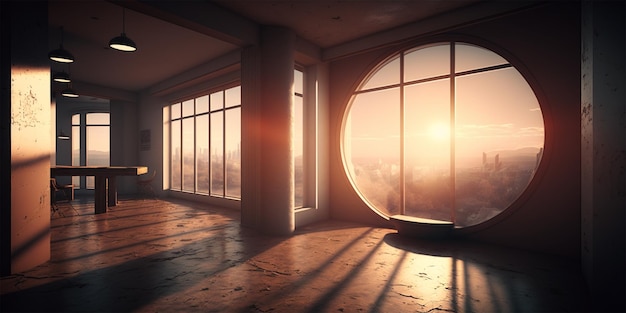 Living room of an abandoned with sun rays on top of the building