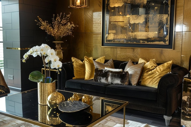 Photo a living room adorned with elegant gold accents and sleek black furniture creating a sophisticated and opulent ambiance gleaming accents of gold adding a touch of glamour to the overall composition