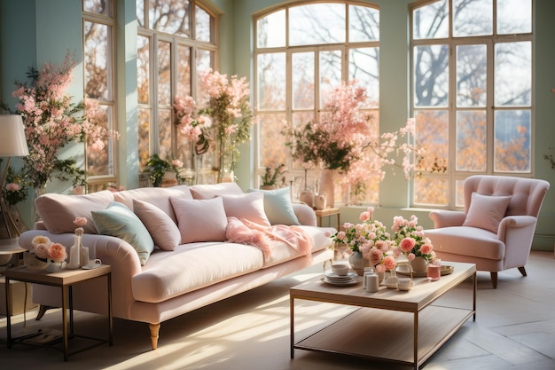 Living room adorned with pastel colors plush furniture with subtle floral patterns