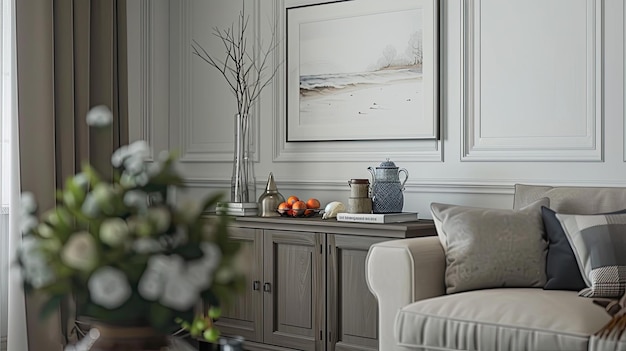 Photo a living room adorned with soothing blue walls a plush sofa and a classic coffee table a framed painting in french style decor velvet cushions adding warmth to the ambiance