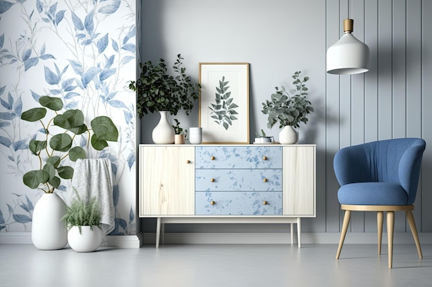 Living room in blue and white tones or Japandi wooden dresser with a replica of a wall wallpaper