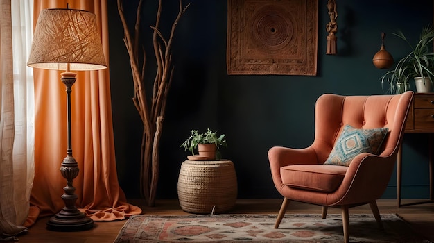 a living room in bohemian style with terracotta armchair and a lamp in the corner