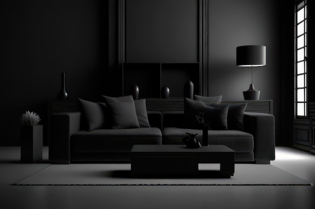 living room concept in black color with furniture highlighted in black and white