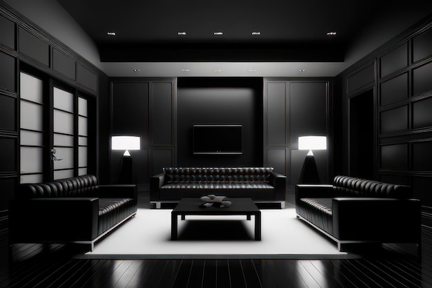 living room concept in black color with furniture highlighted in black and white