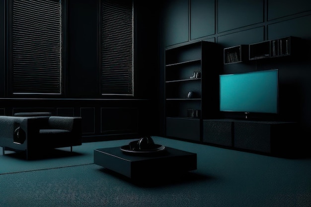 living room concept in black color with furniture highlighted in blue