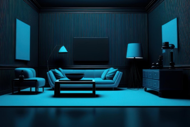 living room concept in black color with furniture highlighted in blue