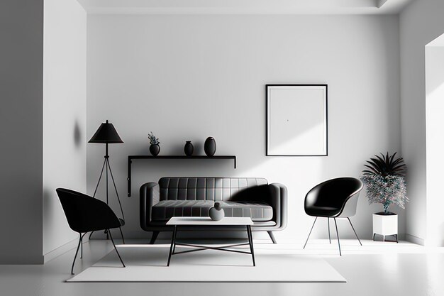 living room concept in black color with furniture with black and white accents