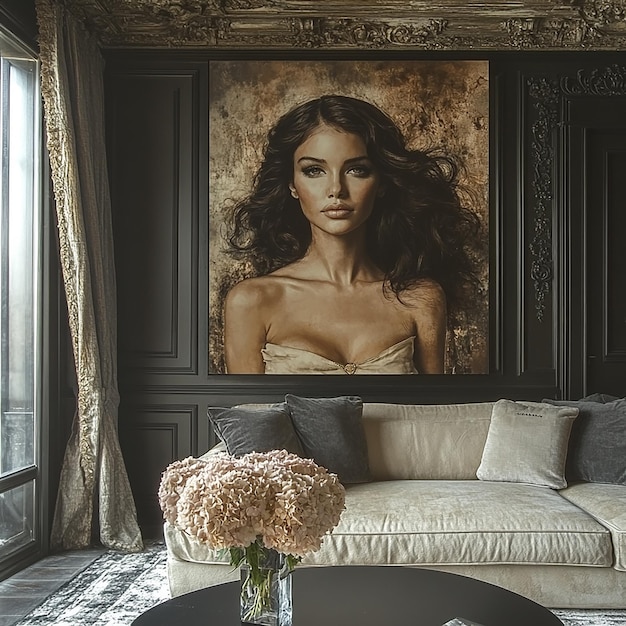 Living room corner with a pot of hydrangea flowers and a floortoceiling wall art featuring Chanel