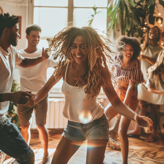 Photo living room dance party celebrating fun at home