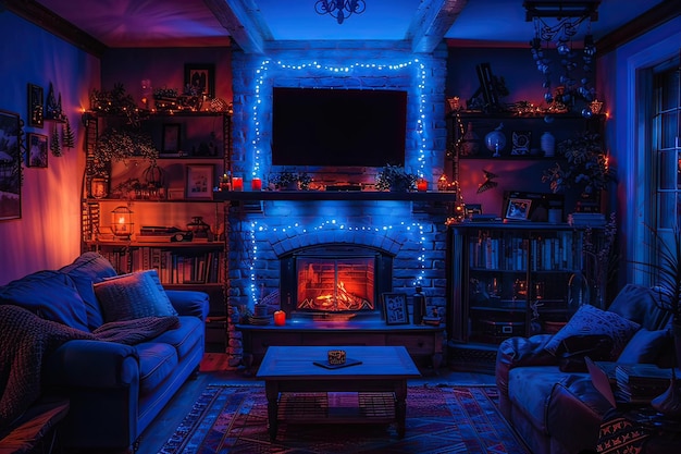 A living room decorated for Christmas with fireplace and TV