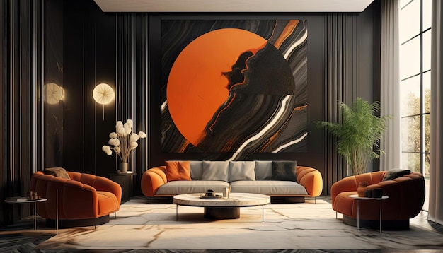 a living room decorated in dark colors and with an art print