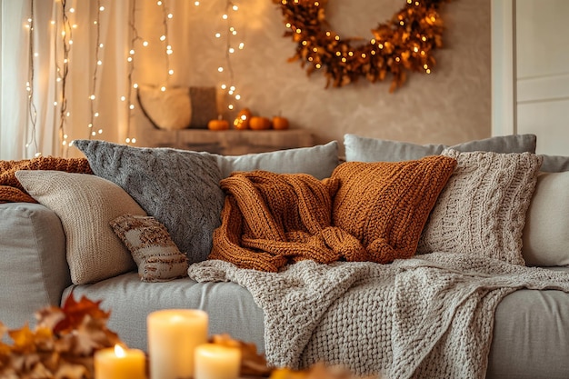 Photo living room decorated with fall colors pumpkins and a blanket