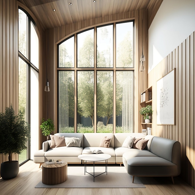 Living Room Design Featuring a Large Window Warm Beige Sofa and Wood Paneling Generative AI