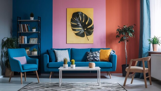 Living room design with bluepink and yellow colorplant on background and leaf canvas