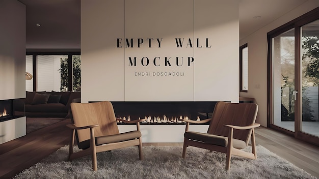 Living room design with empty wall mockup two wooden chairs on white wall