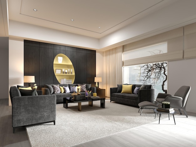 Living room design with gray upholstered furniture with wood paneling and a yellow niche