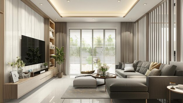 A living room designed in a minimalist style With warm tones and wooden materials on tile floors